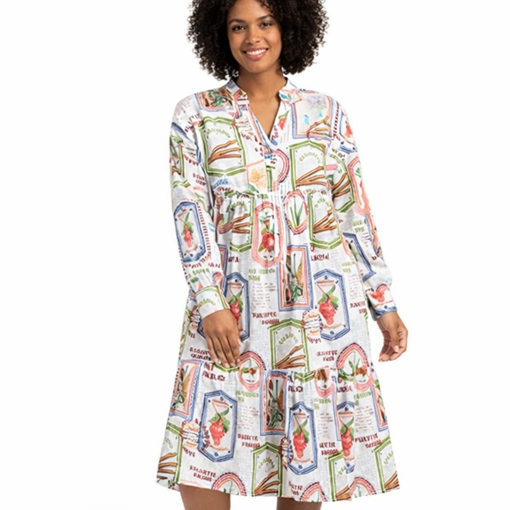 White Multi-Label Print Midi Dress with Long Sleeves